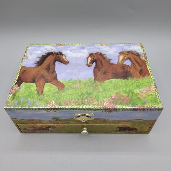 Horse Musical Jewelry Box Drawers Lid Mirror Rotating Horse Enchantmints Prairie - Picture 1 of 10